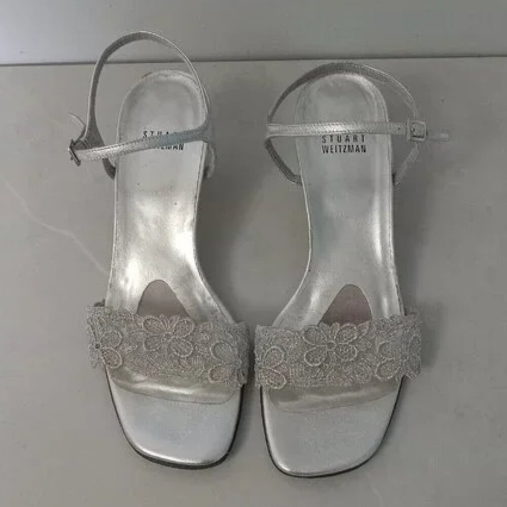 Vintage STUART WEITZMAN Silver lace and leather Strappy Kitten Heel Y2K Sandals
